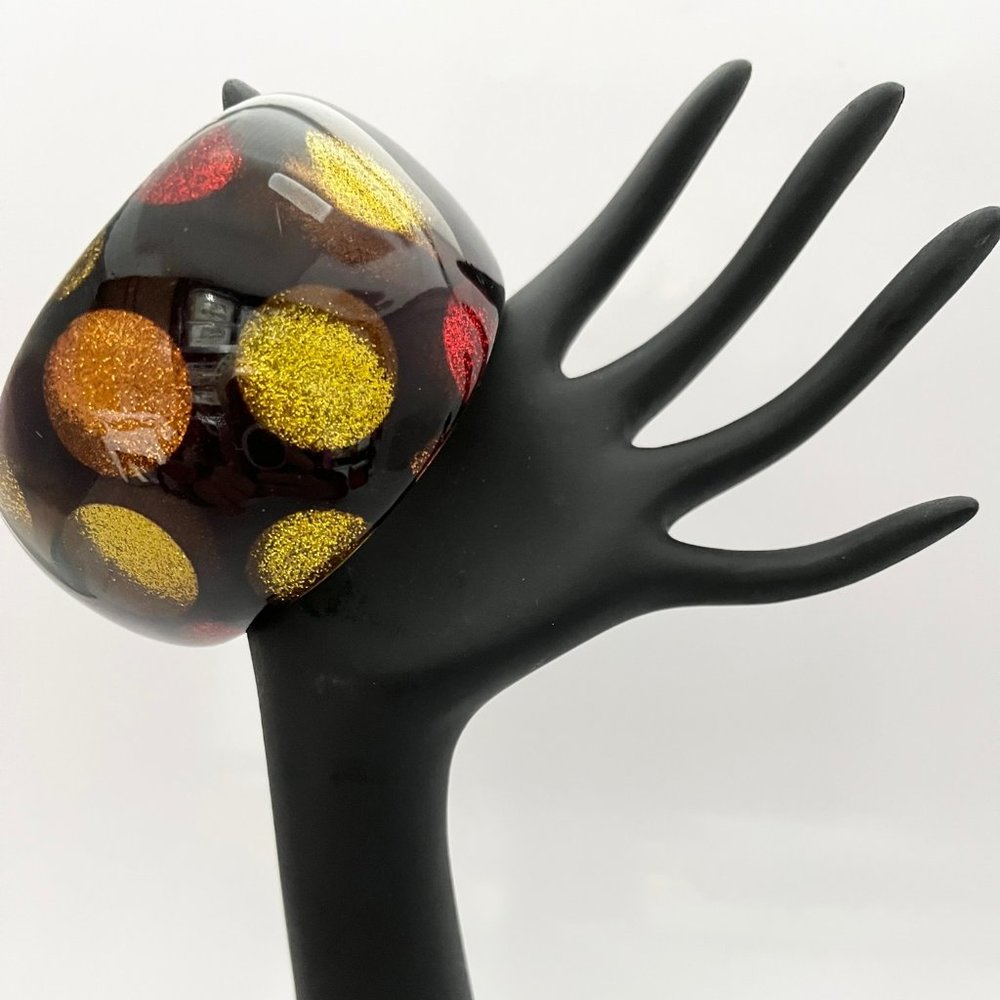 LUCITE POLKA DOT BANGLE BRACELET, CHUNKY DARK BROWN COPPER RED, CITRINE GLITTER